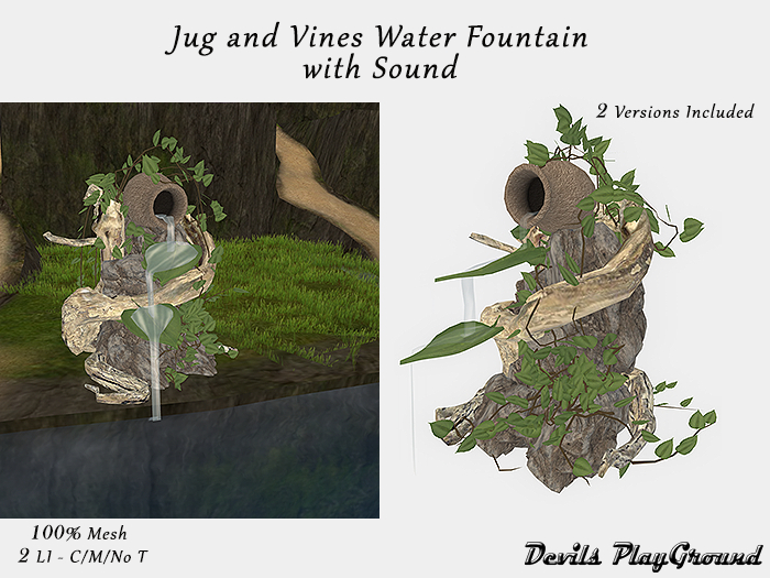 Second Life Marketplace Mesh Water Fountain Jug and Vines with Sound